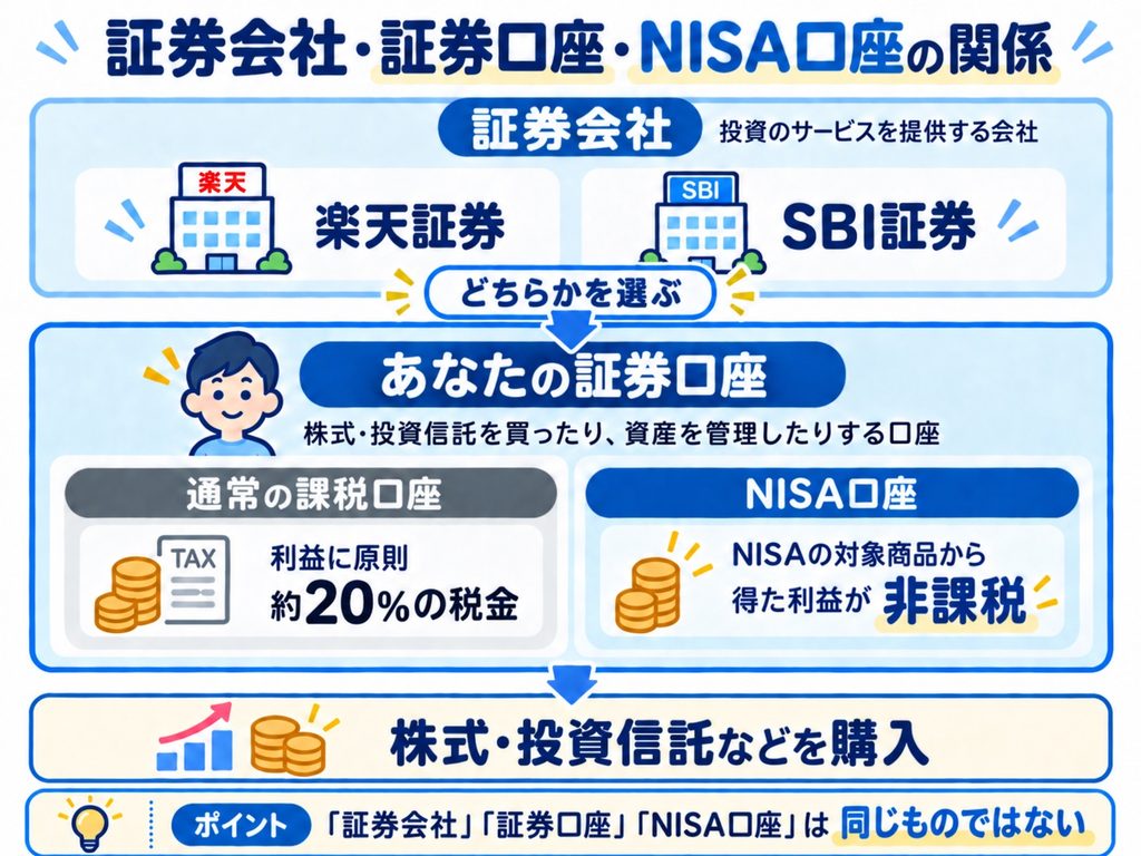 楽天証券やSBI証券などから証券会社を選び、証券口座内で通常の課税口座とNISA口座を使い分ける関係を示す図