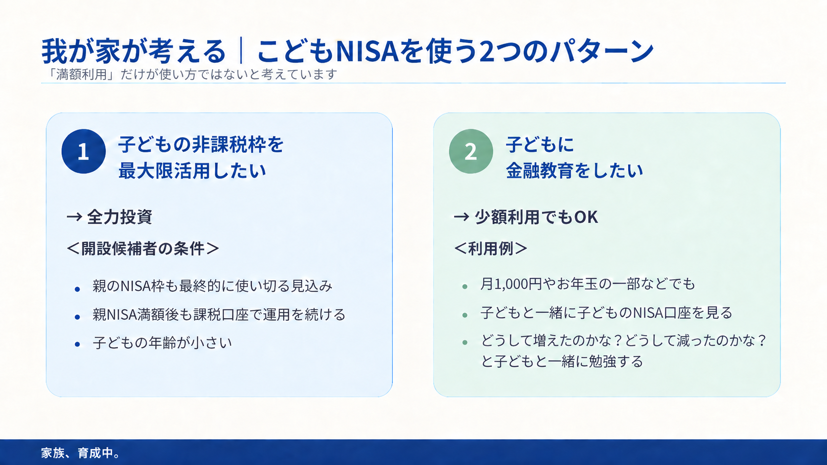 こどもNISAを全力投資または金融教育の少額利用に使う2つのパターン